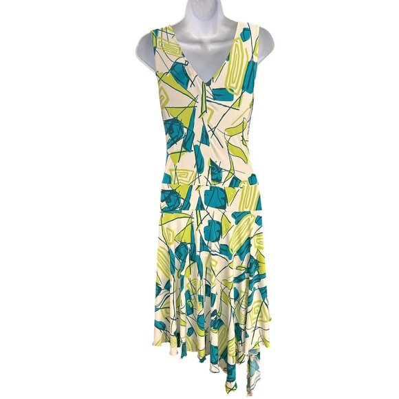 Max & Cleo Women's Green White Sleeveless Asymmetrical Hem Y2K Dress XS Vintage - Picture 4 of 5